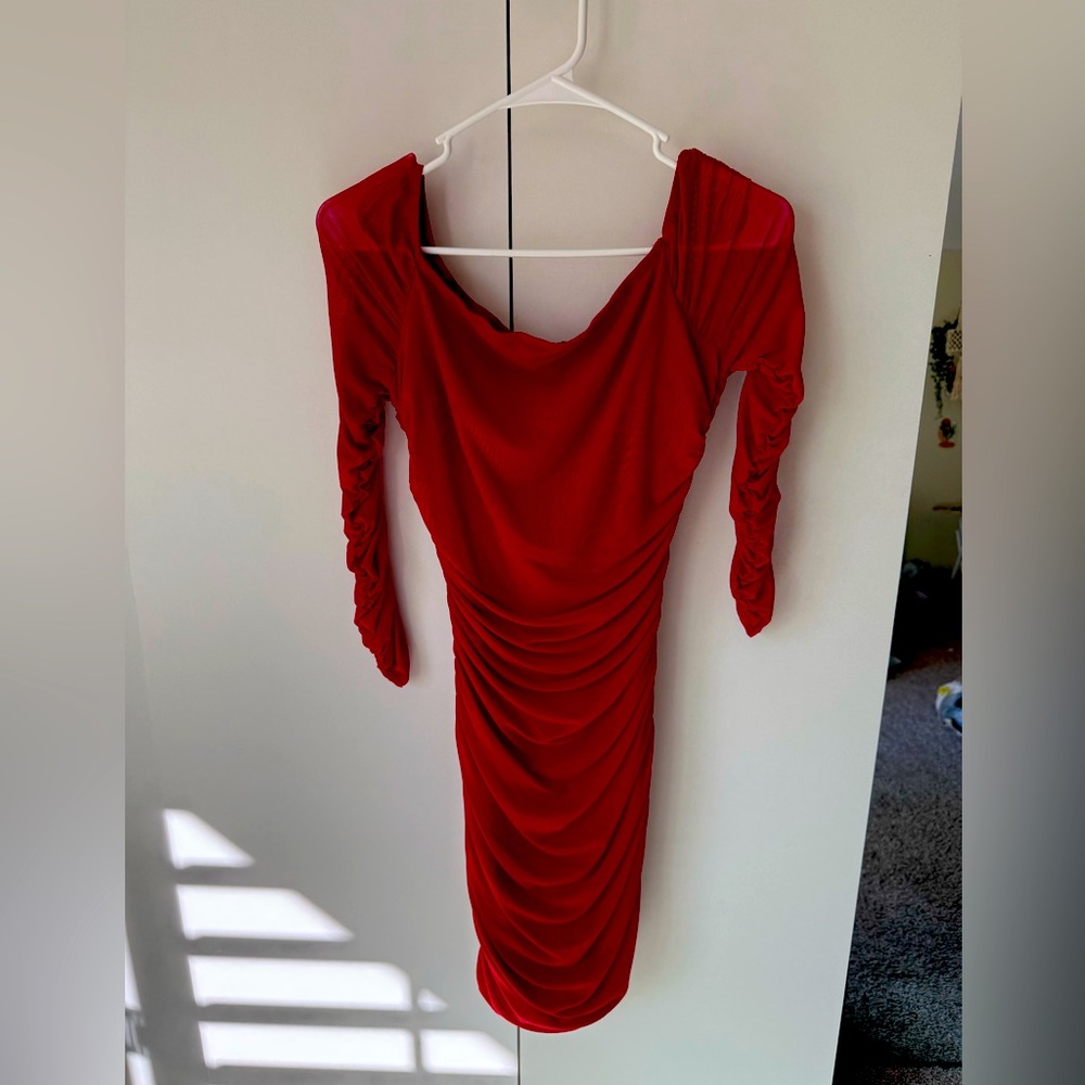 red mesh long sleeve party dress